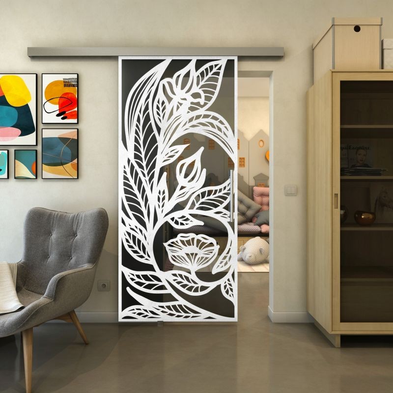 Glasschiebetür SLIM-LINE - Fineprint Modell 196 Weiss auf Grauglas