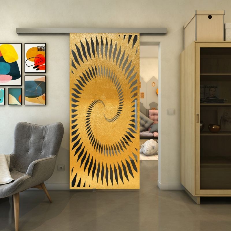 Glasschiebetür SLIM-LINE - Fineprint Modell 197 Gold auf Grauglas