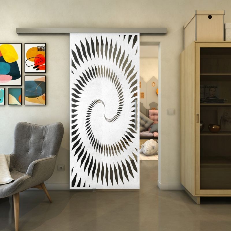 Glasschiebetür SLIM-LINE - Fineprint Modell 197 Weiss auf Grauglas