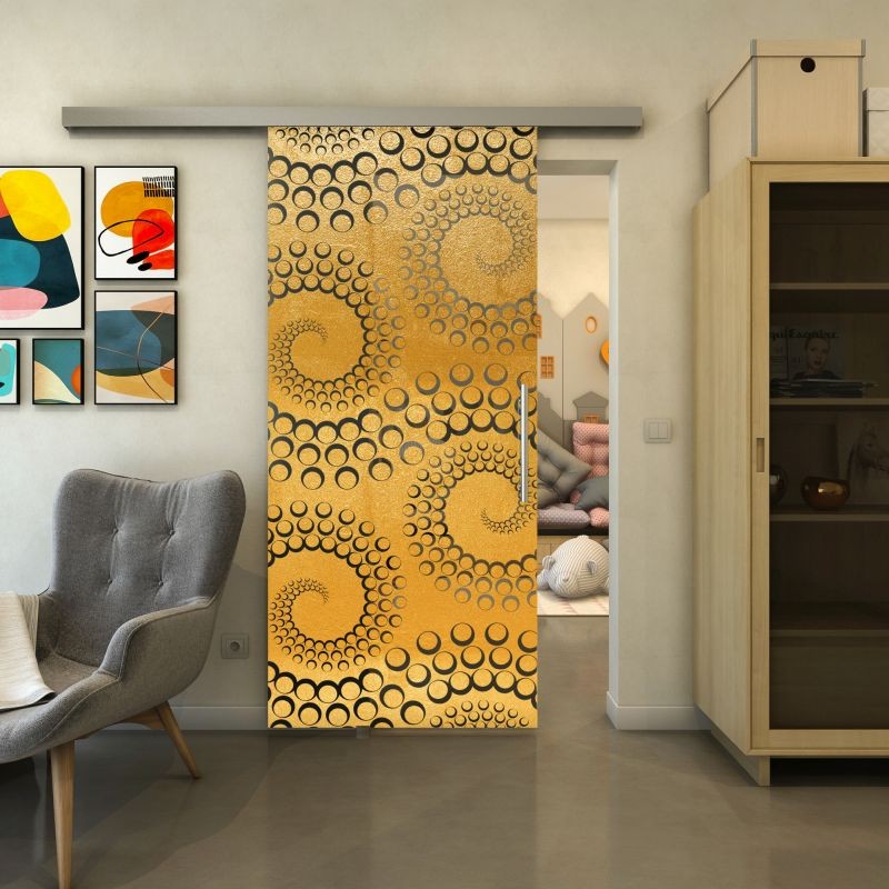 Glasschiebetür SLIM-LINE - Fineprint Modell 198 Gold auf Grauglas