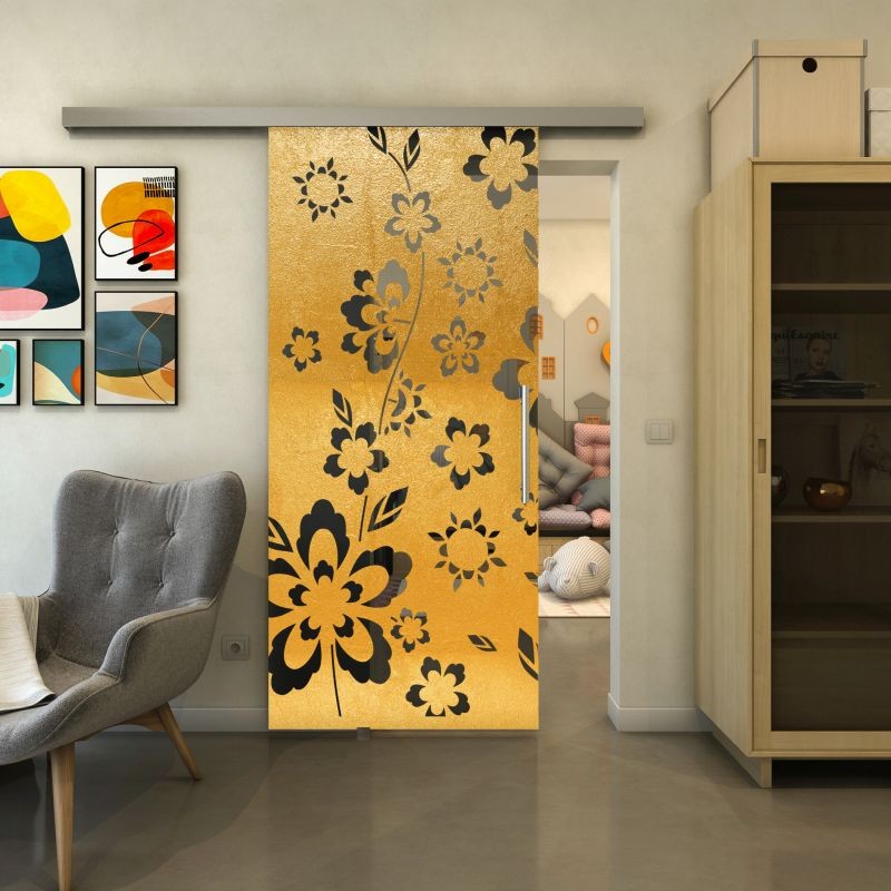 Glasschiebetür SLIM-LINE - Fineprint Modell 199 Gold auf Grauglas
