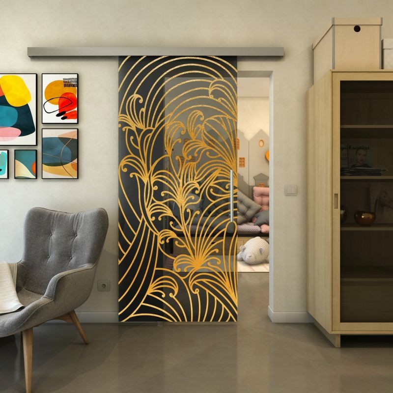 Glasschiebetür SLIM-LINE - Fineprint Modell 200 Gold auf Grauglas