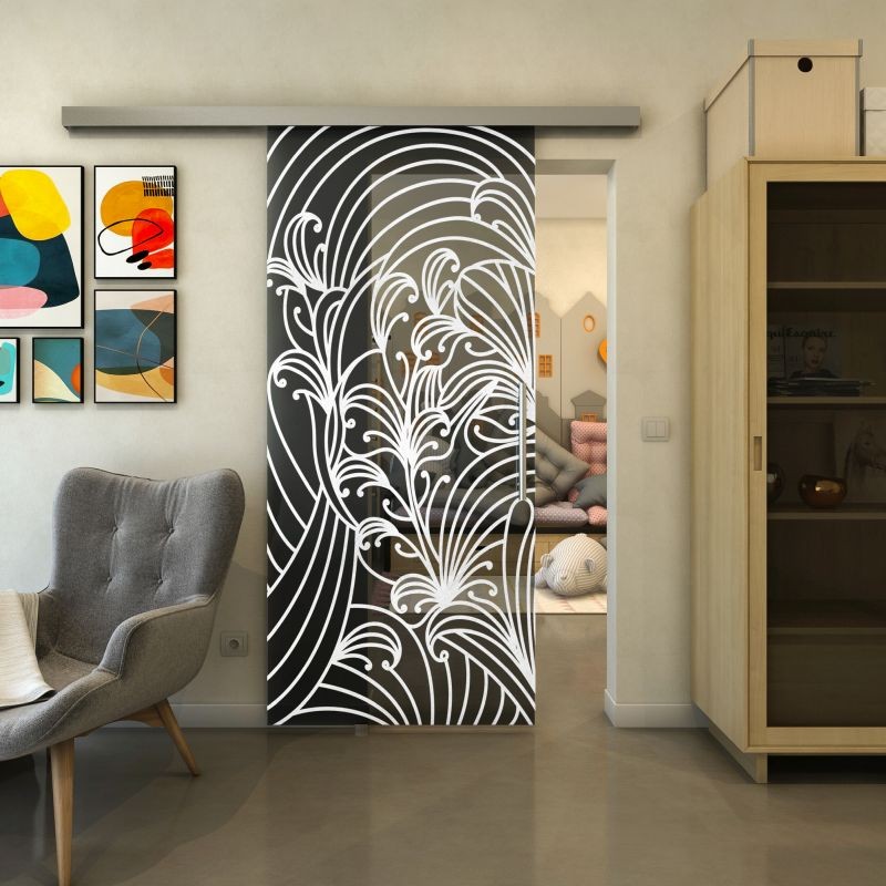 Glasschiebetür SLIM-LINE - Fineprint Modell 200 Weiss auf Grauglas