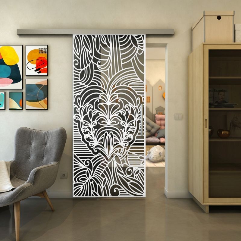 Glasschiebetür SLIM-LINE - Fineprint Modell 201 Weiss auf Grauglas