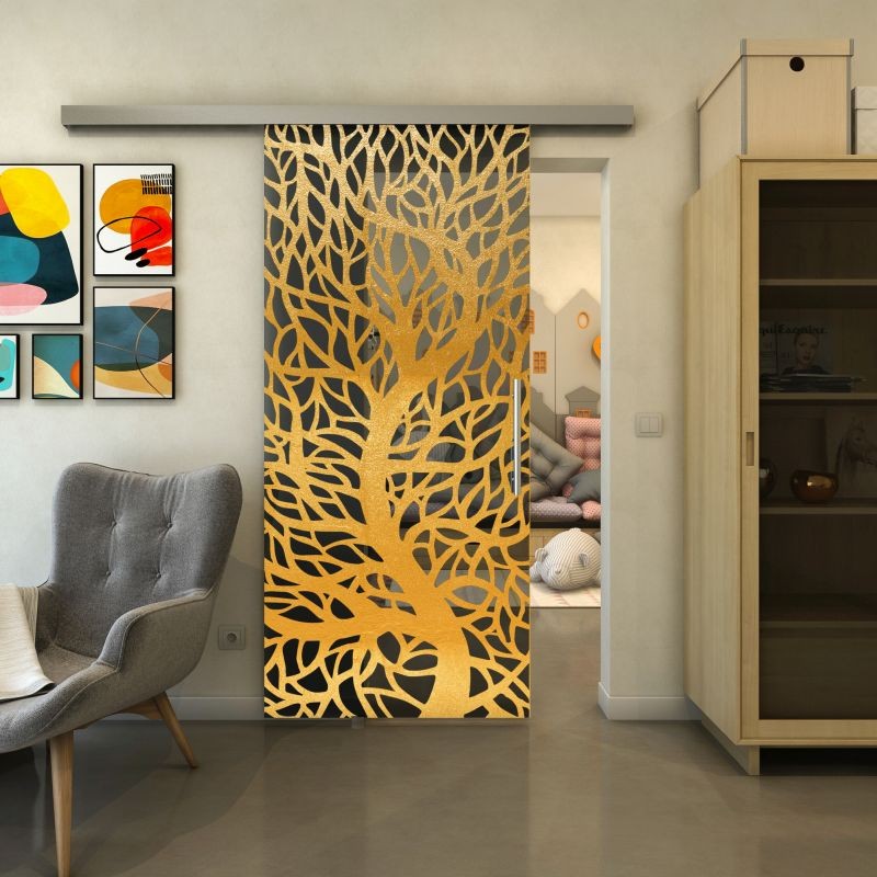 Glasschiebetür SLIM-LINE - Fineprint Modell 202 Gold auf Grauglas