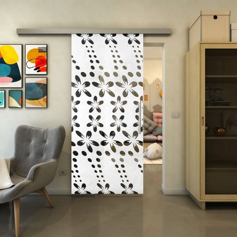 Glasschiebetür SLIM-LINE - Fineprint Modell 203 Weiss auf Grauglas