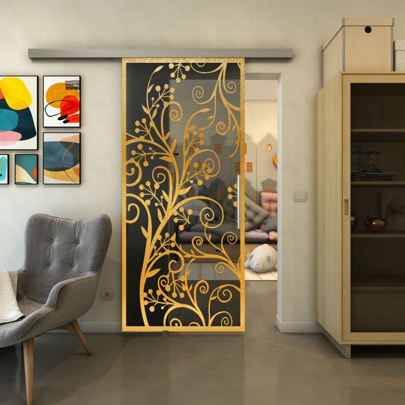 Glasschiebetür SLIM-LINE - Fineprint Modell 204 Gold auf Grauglas