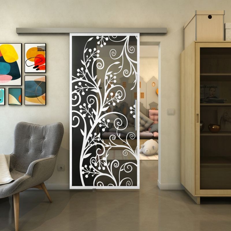 Glasschiebetür SLIM-LINE - Fineprint Modell 204 Weiss auf Grauglas