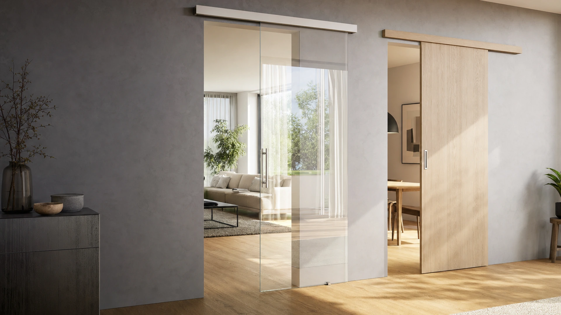 Moderne Glasschiebetür und Holzschiebetür im direkten Wohnraumvergleich