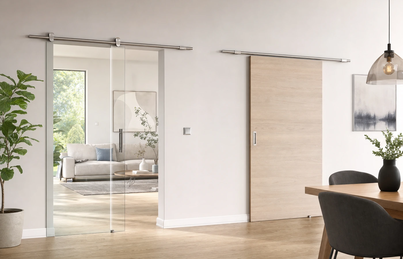 Vergleich der Raumwirkung einer Glasschiebetür und einer Holzschiebetür