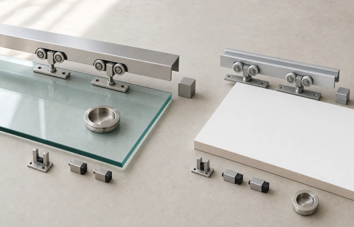 Vergleich des Lieferumfangs eines Glasschiebetür-Komplettsets und eines Holzschiebetür-Sets mit Beschlagteilen
