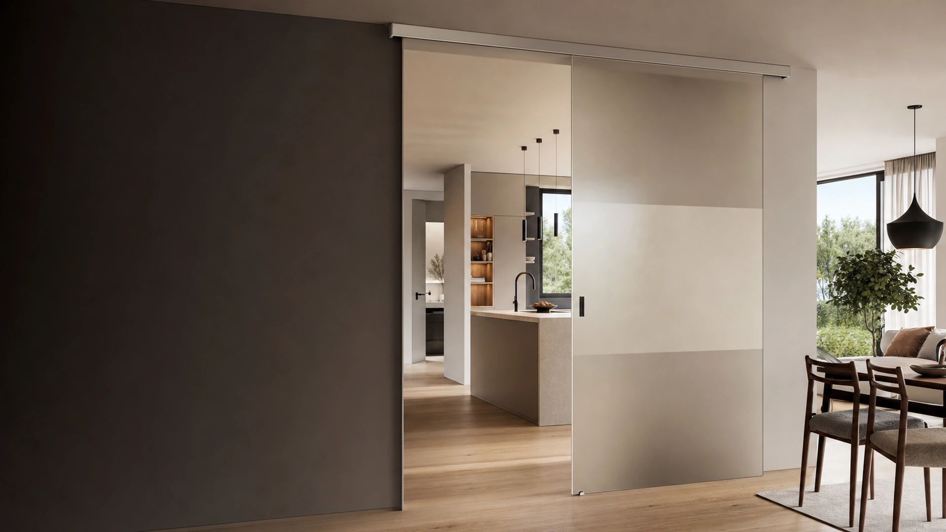 Schiebetür zwischen Küche, Wohnzimmer und Badezimmer in einer modernen Wohnung