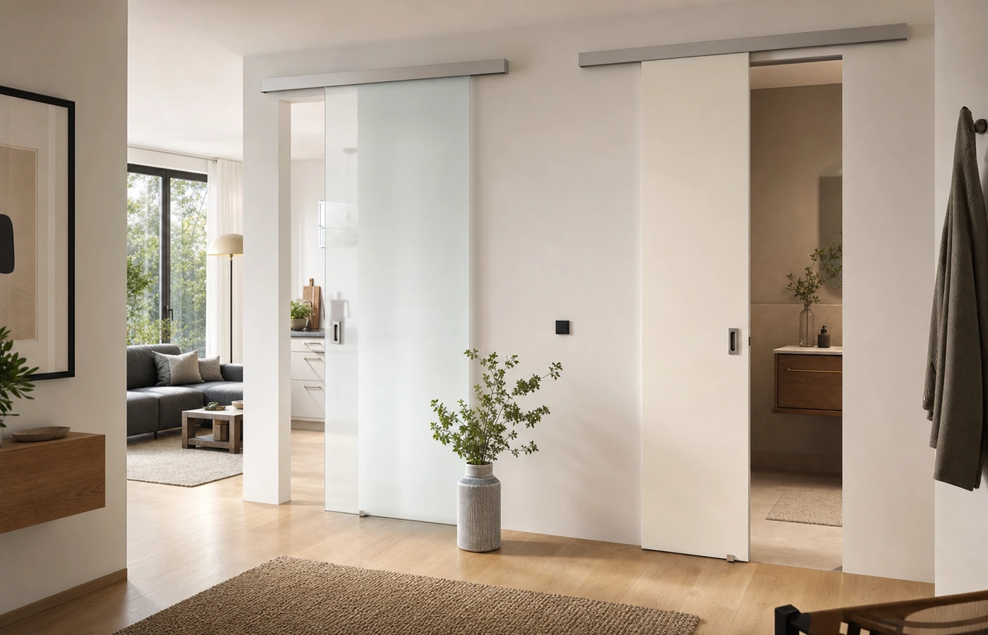 Raumplanung mit Schiebetüren für Küche, Wohnzimmer und Badezimmer