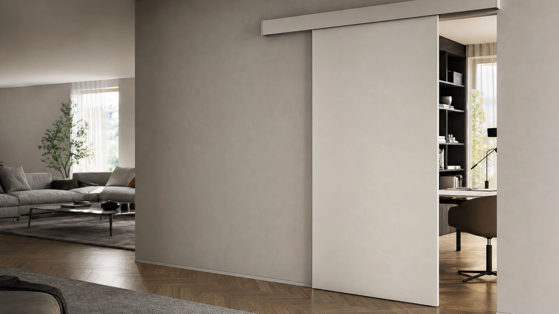 Vor der Wand laufende Schiebetür mit sichtbarem Wandabstand in einem ruhigen Innenraum