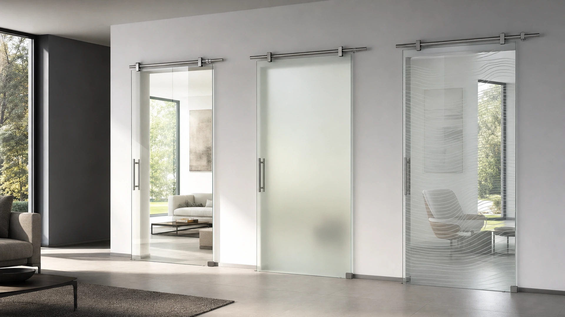 Glasschiebetüren aus Klarglas, Satino und Motivglas in einem modernen Innenraum