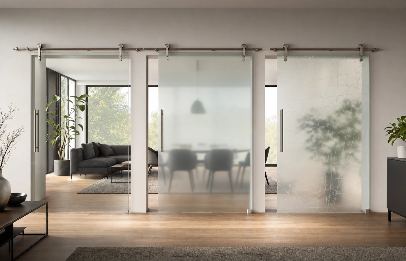 Vergleich von Lichtdurchlass und Sichtschutz bei Klarglas, Satino und Motivglas