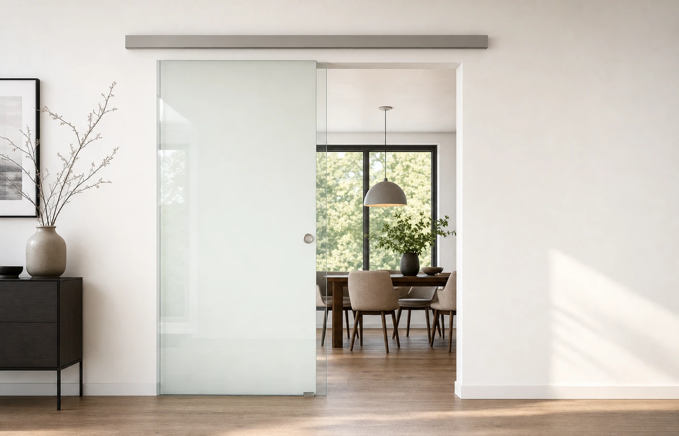 Maßpunkte und Überstände bei einer vor der Wand laufenden Glasschiebetür