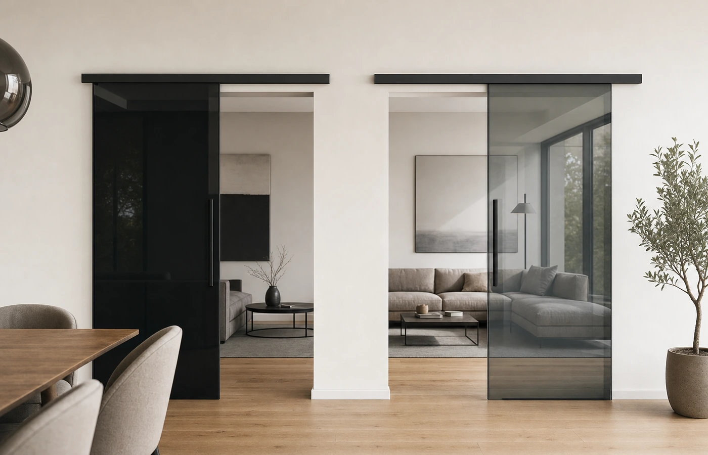 Vergleich der Raumwirkung von Schwarzglas und Grauglas bei Glasschiebetüren