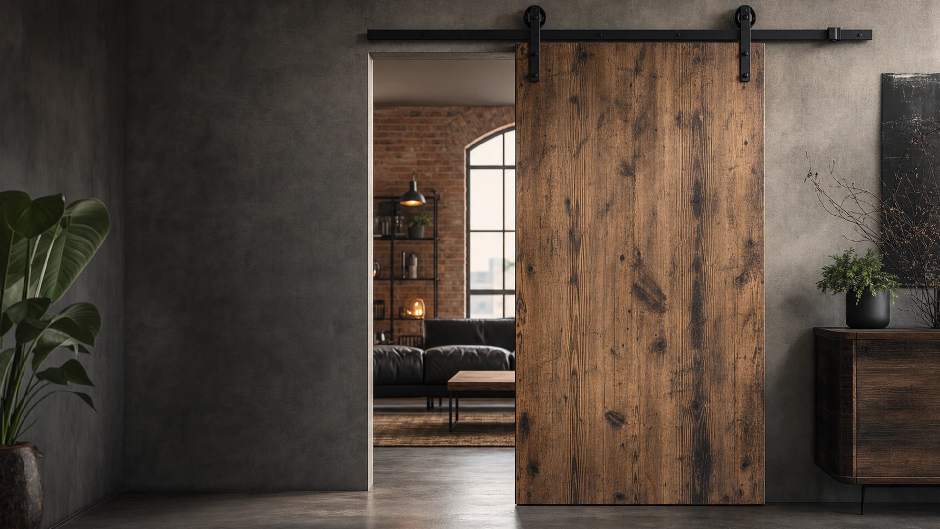 Rustikale Holzschiebetür mit schwarzem Beschlag im Industrial-Stil