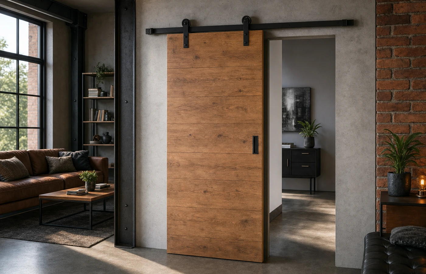 Holzschiebetür im Industrial-Stil mit schwarzer Schiene und offenen Rollen