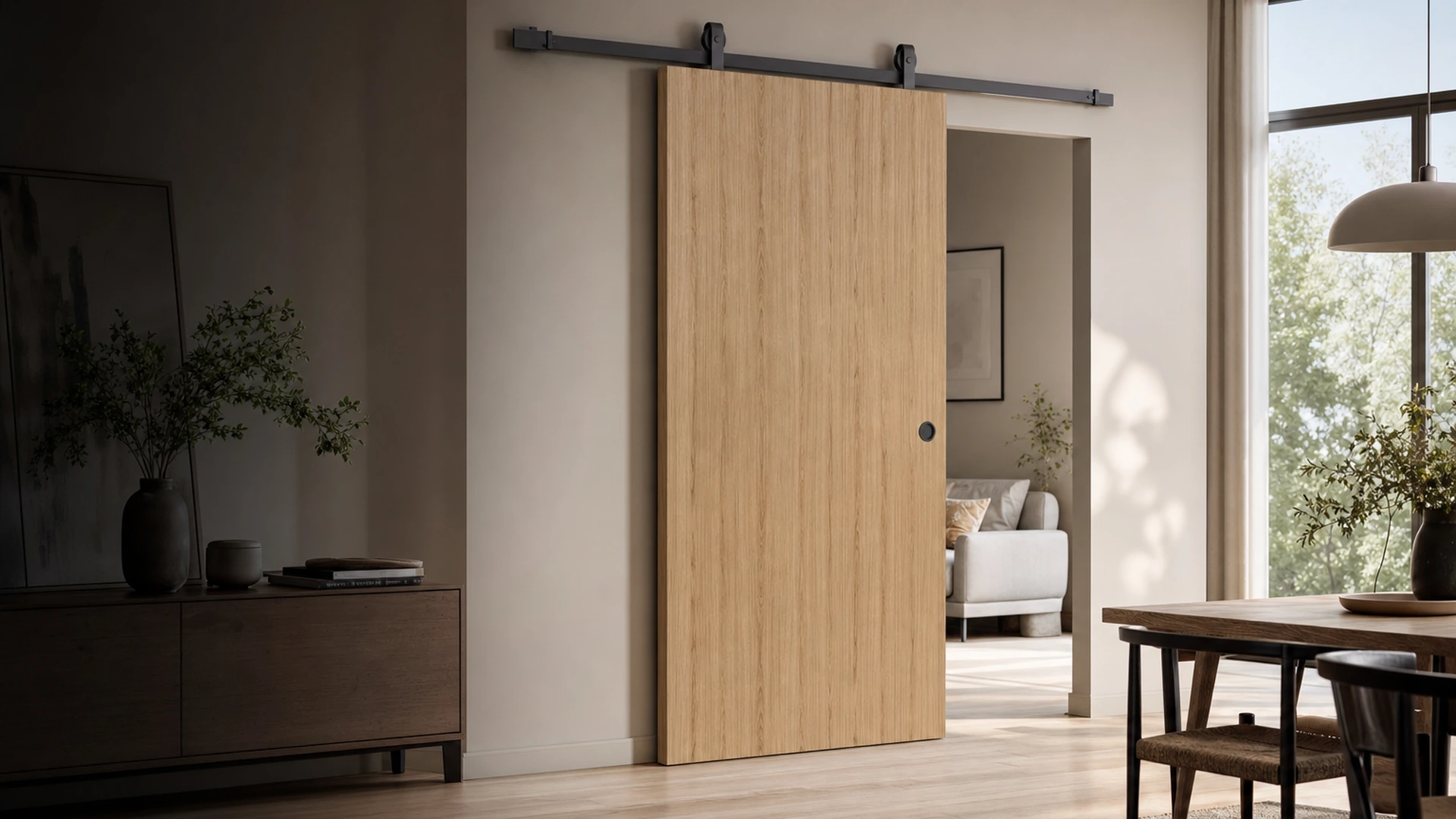 Moderne Holzschiebetür als Kaufbeispiel in einem hellen Wohnraum