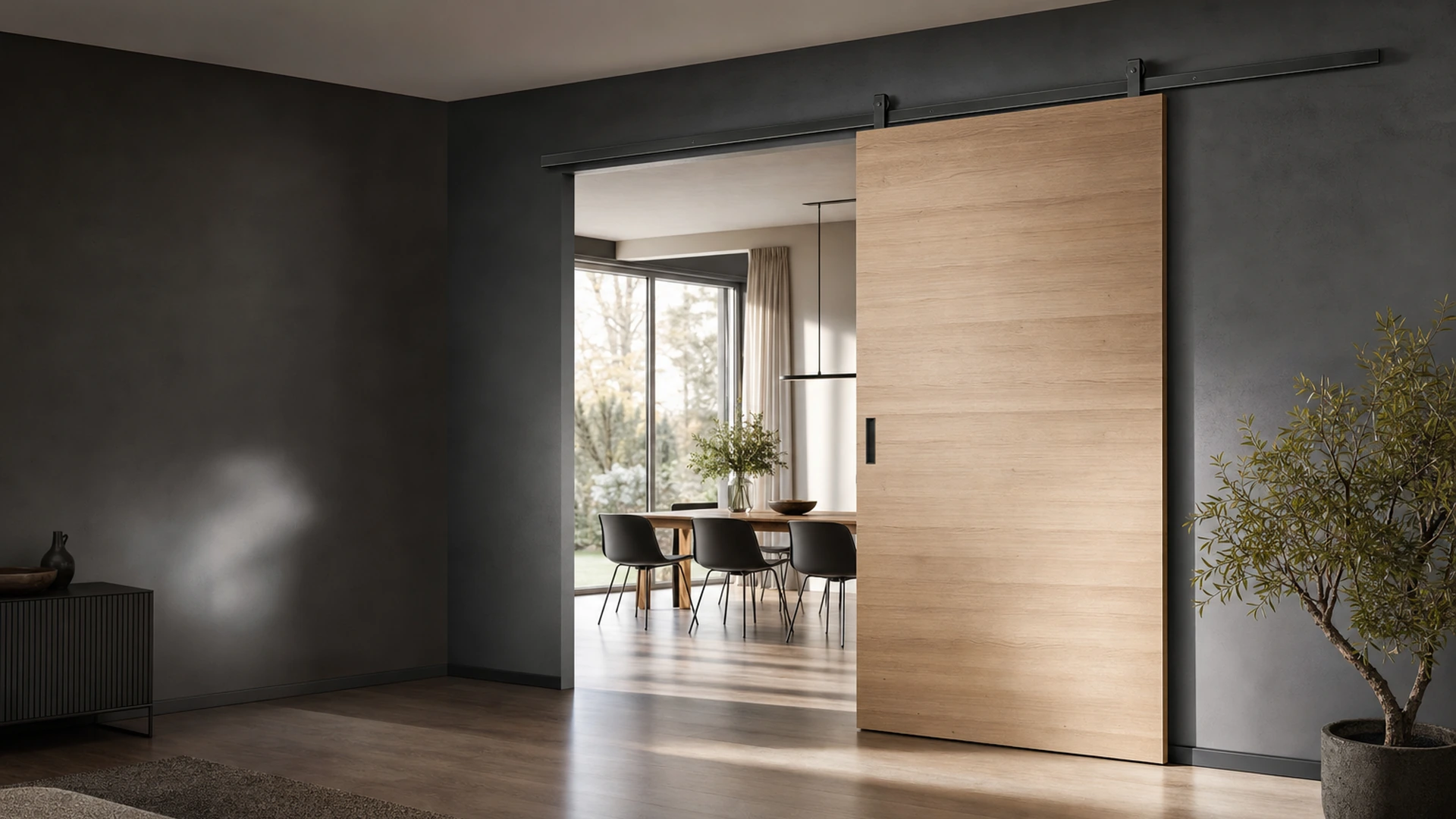 Schiebetürbeschlag für Wand- und Deckenmontage in einem modernen Innenraum